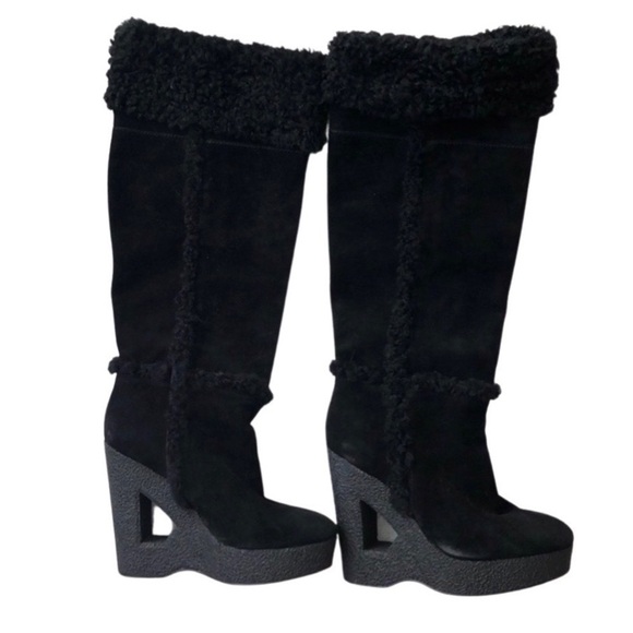 Michael Kors Knee High Suede &‎ Shearling Wedge Cutout Heel Boots - Picture 10 of 15